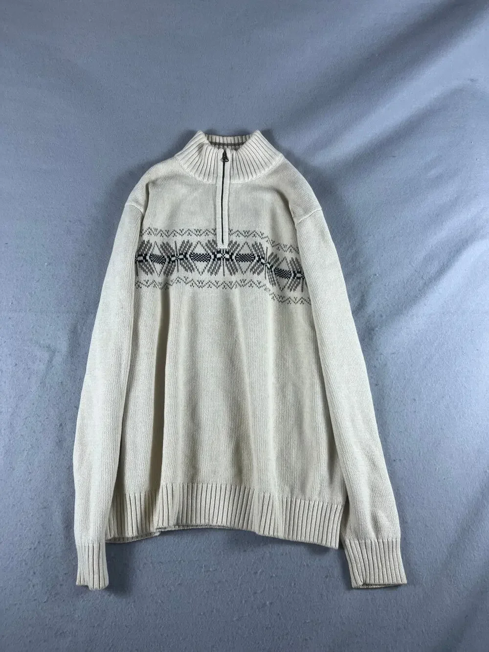 Dockers Sweater Mens L Cream 1/4 Zip Mock Neck Fair Isle Nordic Knit Pullover